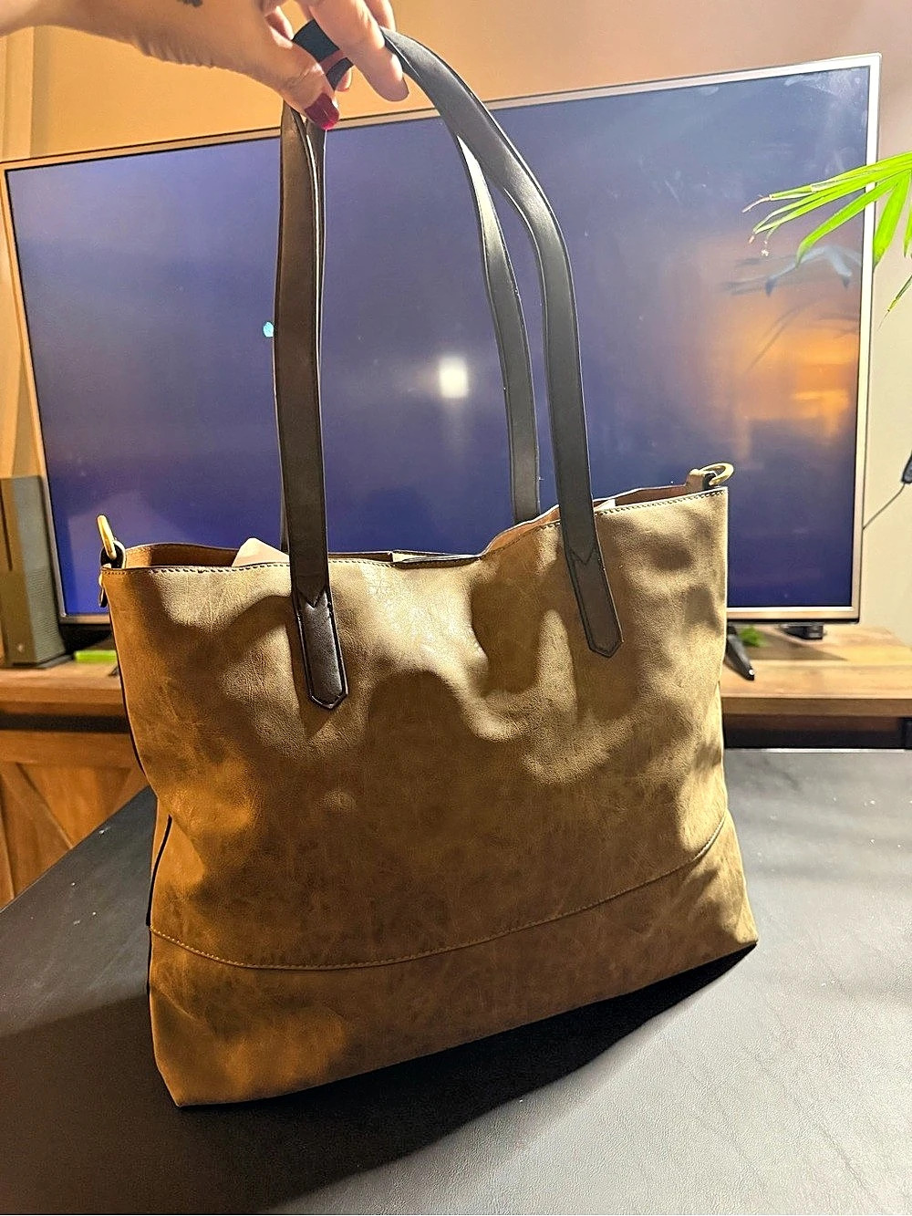 Distressed Camel Brown Vegan Leather Tote Bag